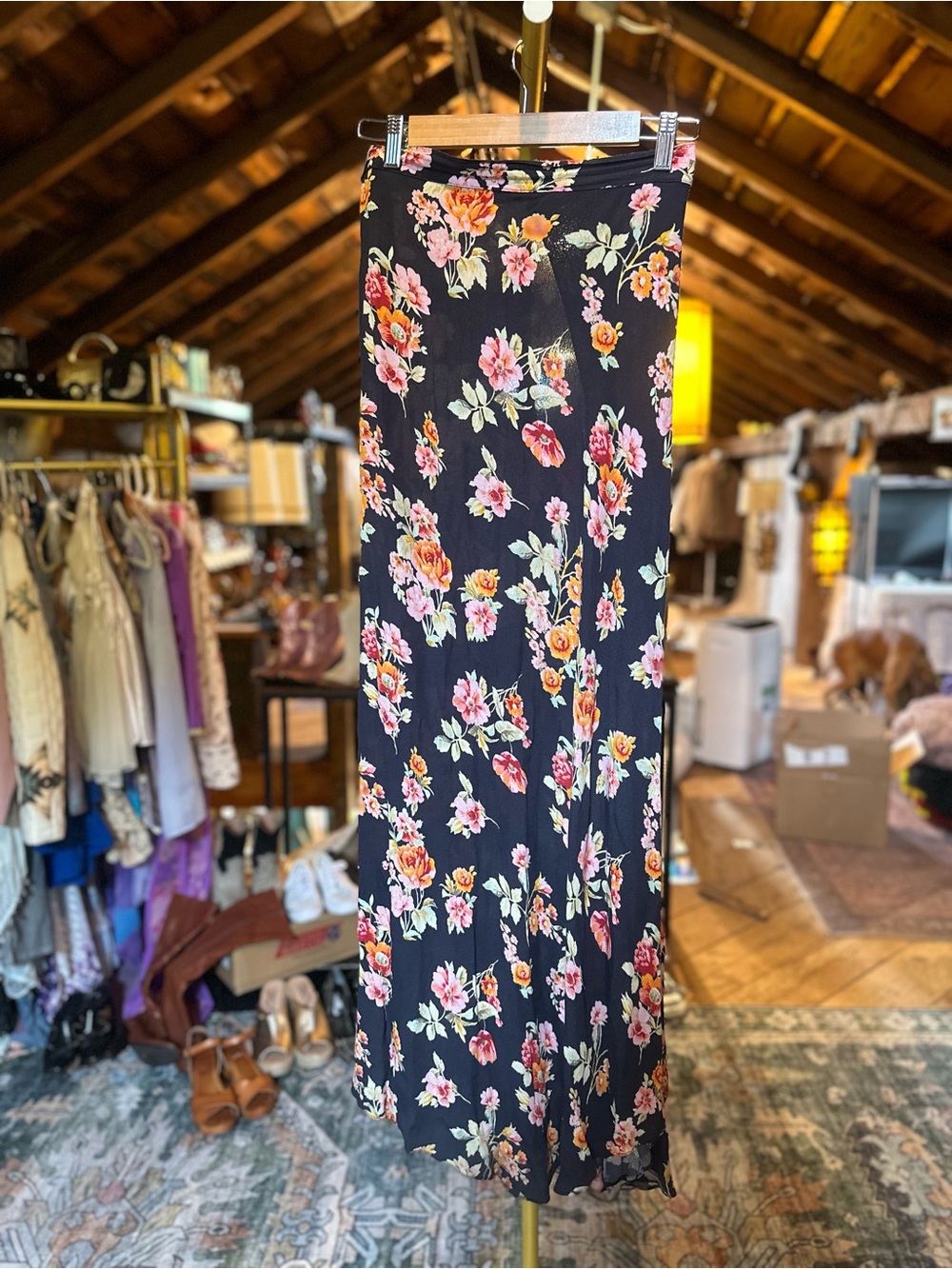 Flynn Skye Black Floral Maxi Skirt with Pink and Cream Blooms